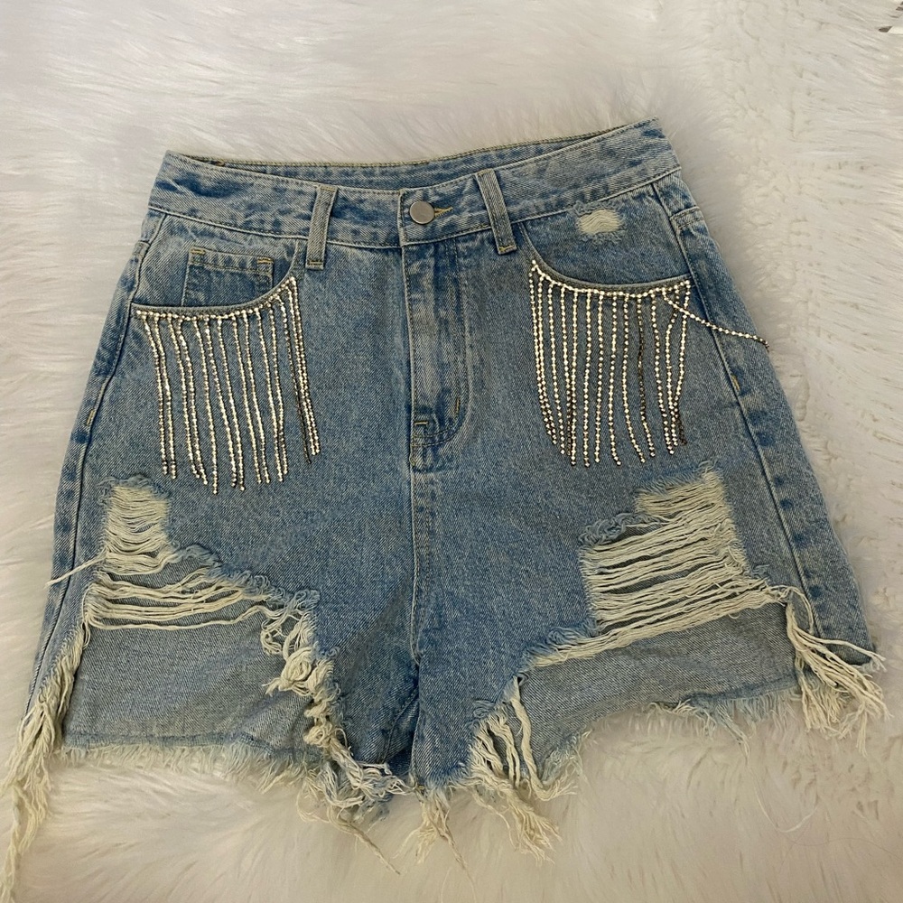 Cider Denim Fringe Embellished Shorts Sz S